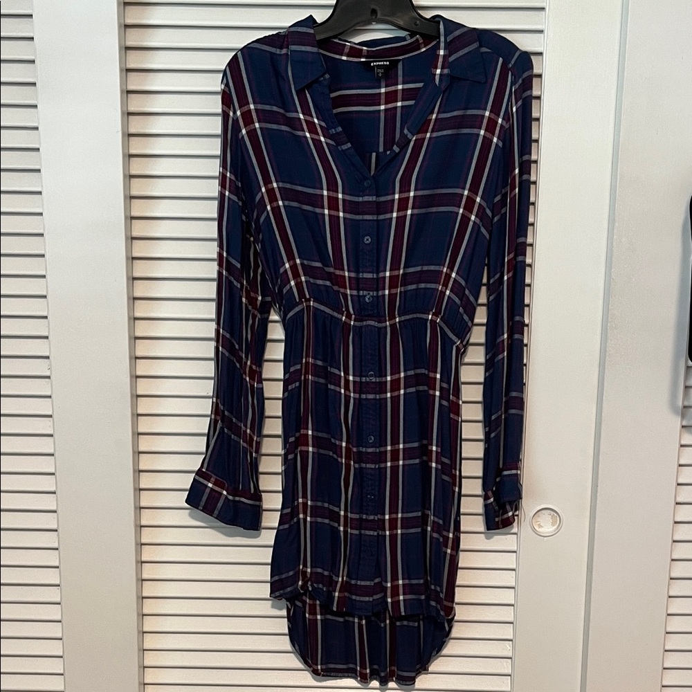Express Navy and burgundy Plaid Long Sleeve Dress